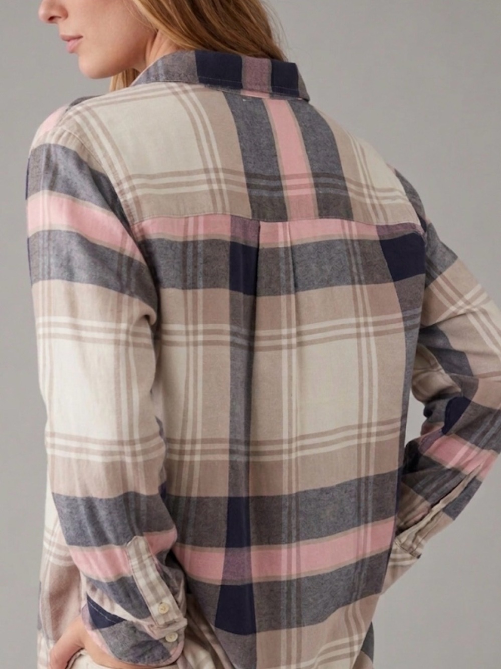 Aerie Pink and Grey Plaid Ruffle Button-Down Flannel‎ Shirt Cabin Core Size XL